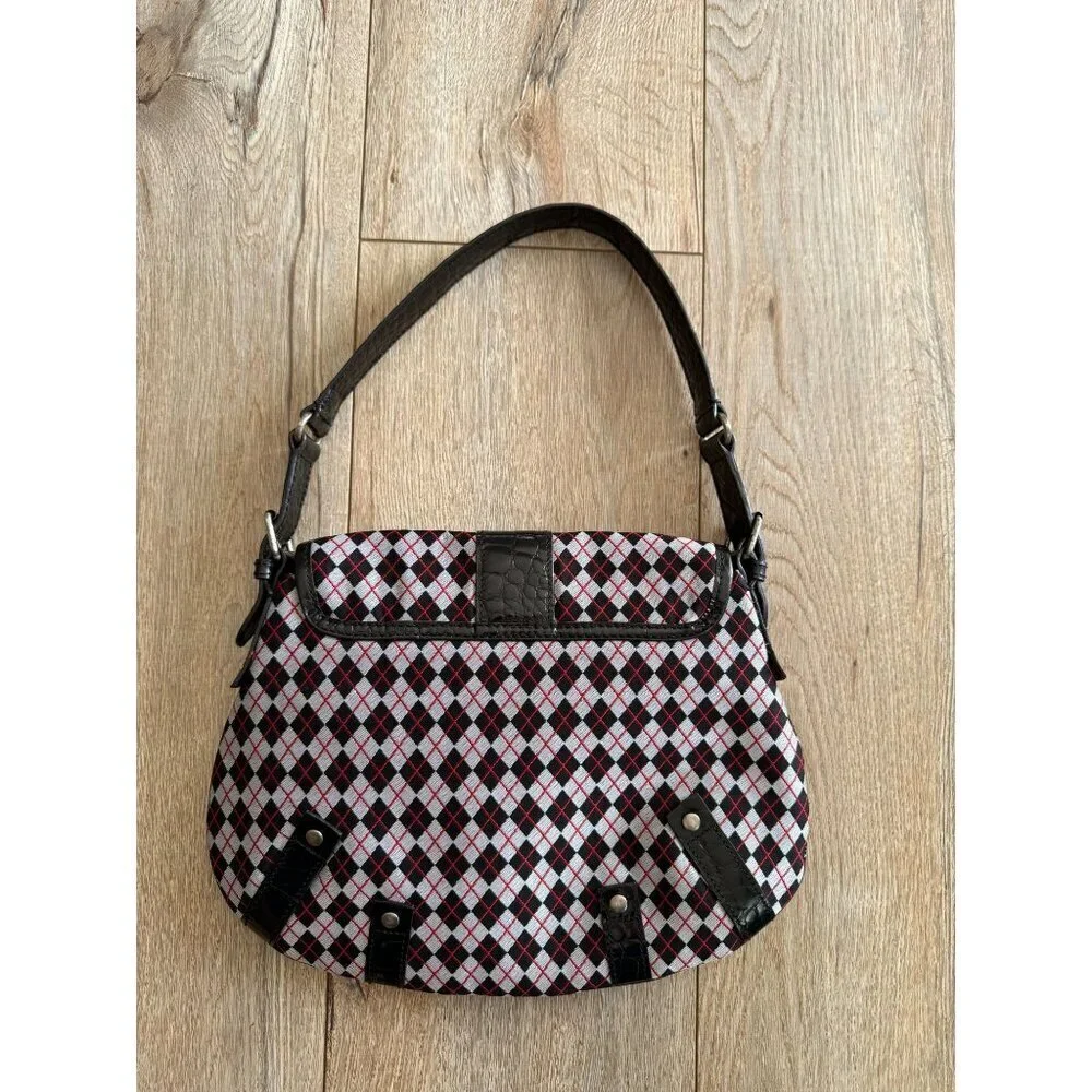 Vintage Cynthia Rowley Black Red White Argyle Plaid Silver Hardware Shoulder Bag